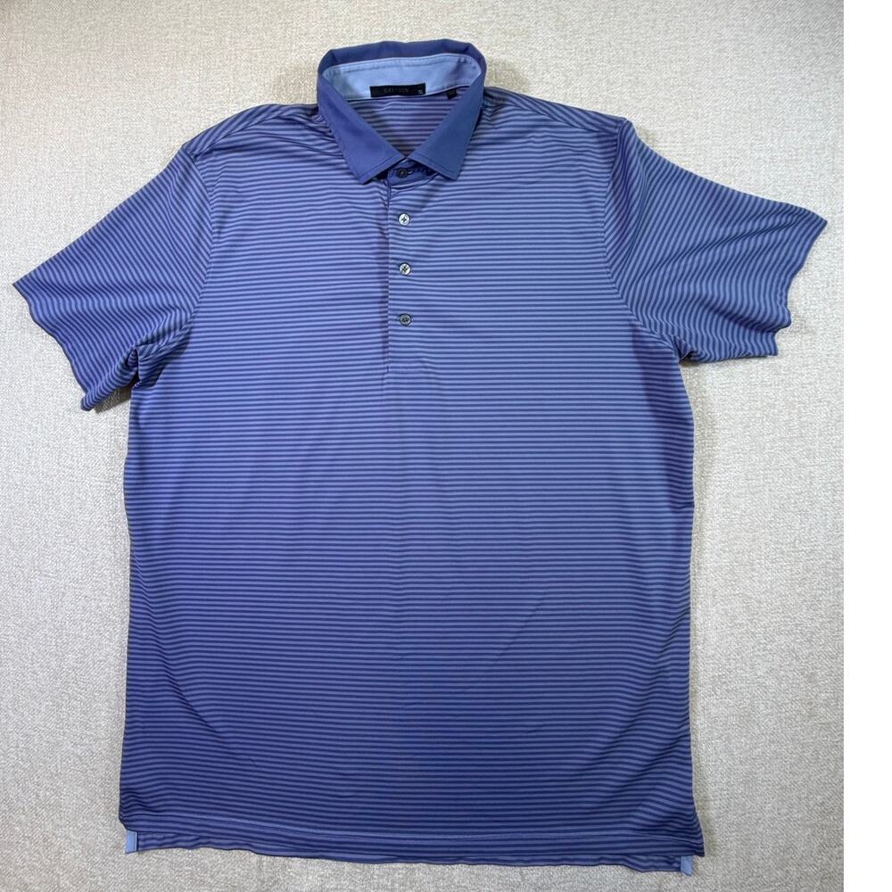 Greyson Men XL Blue/Gray Striped 4 Button Short Sleeve Performance Golf Polo Fit